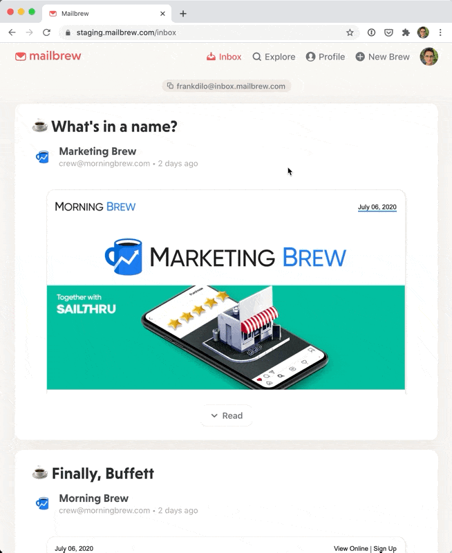Mailbrew Inbox in action
